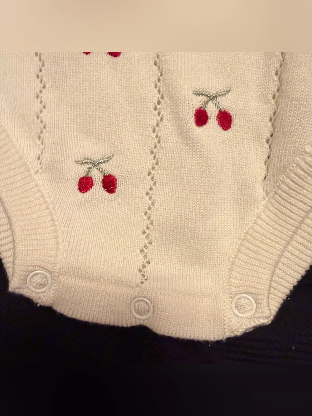 Cream Knit Cherry-Embroidered Baby One-Piece Romper by Between